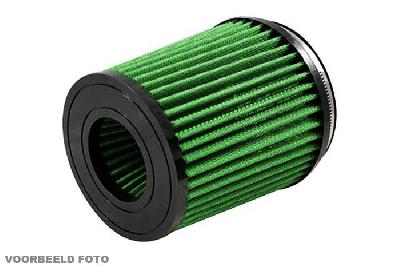 65mm aansluitdiameter, GRB2.65BC, Green Luchtfilter universeel, Cilindrisch Bi-Cone, Lengte filter 130mm, Buitendiameter onder 100mm, Buitendiameter kap 100mm, Rubber kap, centraal