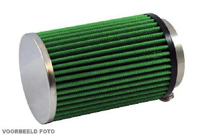 65mm aansluitdiameter, GRB8.65, Green Luchtfilter universeel, Cilindrisch single cone, Lengte filter 130mm, Buitendiameter onder 100mm, Buitendiameter kap 100mm, Chroom kap, centraal, 25 graden hoek