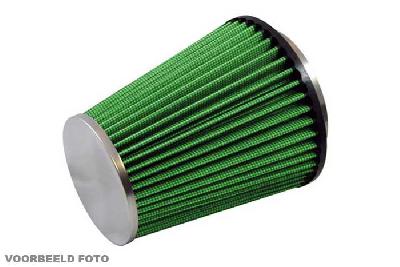 65mm aansluitdiameter, GRK10.65, Green Luchtfilter universeel, Conisch single cone, Lengte filter 68mm, Buitendiameter onder 140mm, Buitendiameter kap 100mm, Chroom kap, centraal