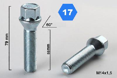 M14x1,5, Verlengde wielbout conisch, Draadlengte 55mm, SW 17
