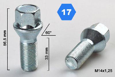 M14x1,25, Verlengde wielbout conisch, Draadlengte 33mm, SW 17