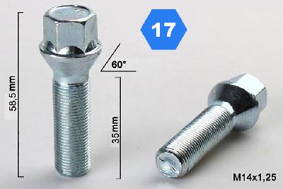 M14x1,25, Verlengde wielbout conisch, Draadlengte 35mm, SW 17