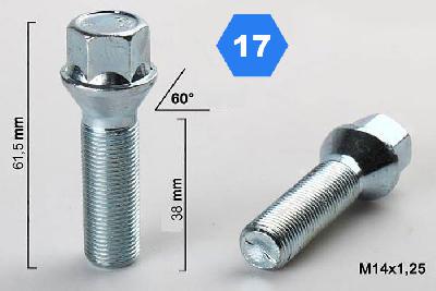 M14x1,25, Verlengde wielbout conisch, Draadlengte 38mm, SW 17