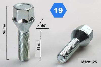 M12x1,25, Verlengde wielbout conisch, Draadlengte 34mm, SW 19