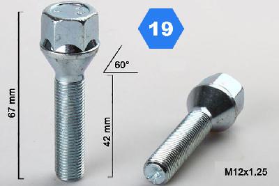 M12x1,25, Verlengde wielbout conisch, Draadlengte 42mm, SW 19