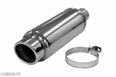 U286301R, einddemper Sprint rond 140mm, Lengte 400mm, 63,5mm (2,5 inch), RVS, Simons, 63,5mm (2,5 inch) binnendiameter, klem verbinding (wordt geleverd zonder klem)