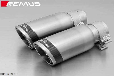 0010 83CS, Fiat Grande Punto Hatchback, 3 and 5 door, Year 2005- , 1.2l 48 kW, 1.4l 57 kW, Remus Tail pipe set L/R consisting of 2 tail pipes round 84 mm Carbon Race