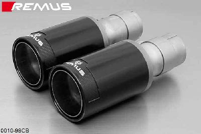 0010 98CB, Fiat Grande Punto Hatchback, 3 and 5 door, Year 2005- , 1.2l 48 kW, 1.4l 57 kW, Remus Tail pipe set L/R consisting of 2 tail pipes round 98 mm Street Race Black Chrome