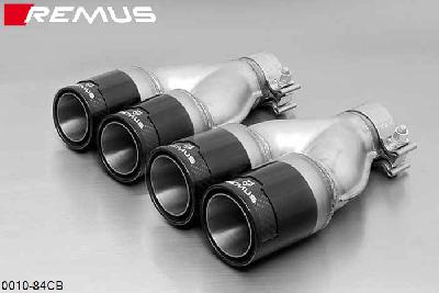 0010 84CB, Fiat Grande Punto Hatchback, 3 and 5 door, Year 2005- , 1.2l 48 kW, 1.4l 57 kW, Remus Tail pipe set L/R consisting of 4 tail pipes round 84 mm Street Race Black Chrome