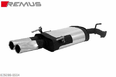 625099 0504, Opel Vectra B Fastback / Sedan / Caravan, Type J96, Type J96/KOMBI, 1996- , 1.6l 16V 74 kW, 1996- , 1.8l 16V 85 kW, 1996- , 1.8l 16V 92 kW, Year 2001- , 2.0l 16V 100 kW, 1996- , 2.2l 16V 108 kW, Year 2001- , 2.5l V6 125 kW, 1996- , 2.6l V6 125 kW, Year 2001- , I500 2.5l V6 143 kW, 1998- , 2.0l DI 16V 60 kW, OCT1996- , 2.0l TDI 16V 74 kW, OCT1997- , 2.0l DTI 16V 74 kW, 1999- , 2.2l DTI 16V 88 kW, Year 2001- , 2.2l DTI 16V 92 kW, Year 2001-, Remus Sport exhaust with 2 tail pipes round 76 mm, suitable in combination with a towbar!