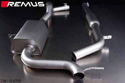 736110 0700, Renault Megane III RS Coupe, type Z, Year 2010- , 2.0l TCE 184 kW (F4RM8), Megane III RS Coupe, type Z, Year 2012, 2.0l 191 kW (F4RM8), 2.0l 195 kW (F4RM8), Remus sport exhaust centered, cat-back, incl. front silencer, fits in combination with the original rear skirt integrated tail pipe