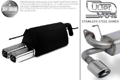 Ulter Sport, Einddemper, Geheel RVS, Dubbel Rechthoek 80x65mm, Fiat, GRANDE PUNTO, 1.2 48kW. 1.4 57kW, 1.4 16V 70kW, 05-, Pasklaar, Past op originele middendemper/katalysator