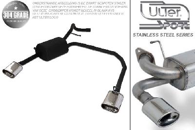 Ulter Sport, Einddemper L+R, Geheel RVS, Enkel plat ovaal 145x75mm, Skoda, FABIA I, 1.0 37kW, 1.2 40/47kW, 1.4 44/50kW, 1.4 16V 55/74kW, 1.4 TDI 55kW, 1.9 SDI  47kW, 1.9 TDI 74kW, HATCHBACK, Pasklaar, Past op originele middendemper/katalysator