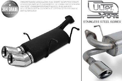 Ulter Sport, Einddemper, Geheel RVS, Dubbel Rond 80mm DTM, Suzuki, SWIFT, 1.0 37/39/41kW, 1.3 47//50/52/54kW, 89-05  SEDAN, Pasklaar, Past op originele middendemper/katalysator