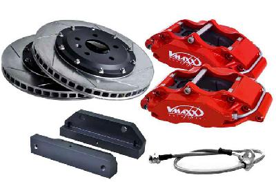 20 PE330 02X, V-Maxx Big brake kit 330mm, Peugeot 307 Alle vanaf 50 KW tot 130 KW exclusief / all models from 50 KW maxx 130 KW Bouwj. 08/00 - 04/07, Red painted aluminium 4-pots caliper, Wheelsize: 17 inch or more, Incl. 2 metaalomvlochten remleidingen