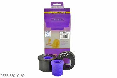 PFF5-5601G-60, BMW Z4 E85 and E86 (2003-2009), Front Wishbone Rear Bush, Caster Offset PFF5-5601G-60 offers additional +0.5 of caster over PFF5-5601-60 and is a high performance option to PFF5-4601-60, and aimed at offering greater precision for people wanting the very best from their E46 or Z4. This new part, fitted to the rear of the front wishbone has a hard anodised aluminium outer shell with one of our unique low friction polyurethane centre bushes. The poly/alu combination creates a low friction rotating bush reducing the forces acting on the arm. Lower arm deflection has been decreased by reducing the compliant material within the aluminium shell. Results are less movement in the arm under cornering and braking, improving steering control and feel. PFF5-5601-60 is for the earlier models with 60mm bore mounting bracket. Please ensure you have the correct size bush before fitting. Testing during the development of this bush has indicated stiffness gains of 128% compared with the original rubber bush. Our Black Series part increases siffness by 28%, to give an 190% increase in stiffness over the original part 60mm, 2 stuk(s) benodigd  per auto, 2 stuk(s) in verpakking, prijs per set van 2 stuk(s)