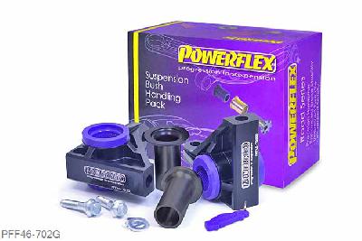 PFF46-702G, Nissan GT-R, Front Lower Wishbone Rear Bush Anti-Lift & Caster Offset PF46-702G is a CNC machined aluminium mount to provide anti-lift and caster offset. These beautiful parts ship with specially designed self-aligning bolts for simple fitting and stainless steel sleeves to combat failures of the original parts.    Designed as part of a Handling Kit in partnership with Litchfield Motors to benefit Nissan GTR's of all years, these parts have been proven and tested on both road and track.Installation, along with carefully chosen Litchfield geometry settings, will transform the chassis performance and enjoyment of your GTR.Improved grip, greater steering feel, more positive turn-in and reduced tyre wear are just some of the benefits the Handling Kit will provide by applying revisied geometry settings, otherwise unachievable using standard parts and without the high cost of motorsport-derived parts.The replacement CNC mounts also introduce an Anti-Lift effect to help maintain a more consistent control under acceleration and load. The new rear mount and bush also address the increasingly common problem of cracked front bush assemblies, ultimately requiring an expensive replacement - over 690 + vat each side.The Handling Kit allows for a greater tyre contact area which, in turn, provides greater feedback information back to the driver, improves traction and offers greater stability. The increased caster angle produces more weight and detail to the steering which is vital to driver confidence. Your R35 GTR will enter a corner with more urgency, significantly improved front grip and reduced understeer.Available as a recomended option for the lower arm:PFF46-701GFront Lower Wishbone Front Bush Camber Adjustableis a reinforced replacement bush to revitalises bush performance and provide on-car camber adjustment.These new parts will be availableexclusively through Litchfield Motors.Please contactsales@litchfieldmotors.comto purchase.Load v.s. displacement graph showing Powerflex PFF46-702G is 72% stiffer than the original rubber bush., 2 stuk(s) benodigd  per auto, 2 stuk(s) in verpakking, prijs per set van 2 stuk(s)
