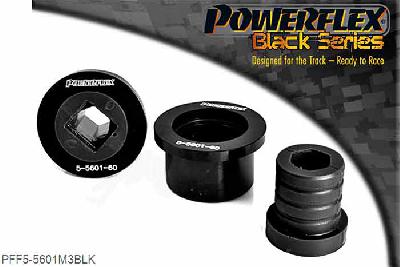 PFF5-5601M3BLK, BMW E46 3 Series M3 Front Wishbone Rear Bush, Aluminium Outer, This part replaces original bush part number: 31122229857 and fits into original bracket part numbers: 31122229623, and 31122229624, fits M3 vehicles that have a thicker wishbone. PFF5-5601M3 is a high performance option to PFF5-4601M3, and aimed at offering greater precision for people wanting the very best from their E46 M3. This new part, fitted to the rear of the front wishbone has a hard anodised aluminium outer shell with one of our unique low friction polyurethane centre bushes. The poly/alu combination creates a low friction rotating bush reducing the forces acting on the arm. Lower arm deflection has been decreased by reducing the compliant material within the aluminium shell. Results are less movement in the arm under cornering and braking, improving steering control and feel. For the M3 models which have a thicker wishbone. Please ensure you have the correct size bush before fitting. 60mm, 2 stuk(s) benodigd  per auto, 2 stuk(s) in verpakking, prijs per set van 2 stuk(s)