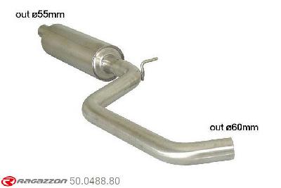 50.0488.80, Audi A3 (typ 8V) 2012- 1.4TFSI (103kW) 2013-2014, Stainless steel centre silencer - Oversized exhaust pipe diameter 60 mmCut of the original centre silencer. For the installation on the original rear silencer is necessary to order a coupling, which is indicated in the catalogue. outer input diameter 55mm pipe outer diameter 60mm outer outlet diameter 60mm