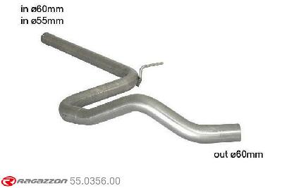 55.0356.00, Seat Leon III (5F) 1.4TSI FR (90kW) 2012-, Stainless steel centre pipe - Oversized exhaust pipe diameter 60 mmCut of the original centre silencer. For the installation on the original rear silencer is necessary to order a coupling, which is indicated in the catalogue. inner input diameter 60mm with reduction to  55mm pipe outer diameter 60mm outer outlet diameter 60mm