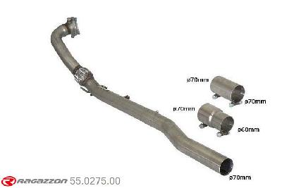 55.0275.00, VW Golf VI 2.0R TSI (199kW) 2010-, Stainless steel cat replacement pipe group N - Oversized exhaust pipe diameter 70 mmCompatible with the original line. Does not require any modification. The reduction for the installation on the original centre silencer is included. pipe outer diameter 70mm outer outlet diameter 70mm with reduction inner diameter  60mm