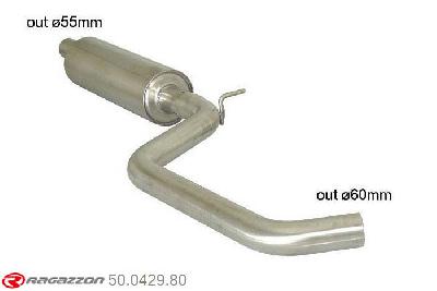 50.0429.80, VW Golf VII 2.0TDi (110kW) 2012-, Stainless steel centre silencer - Oversized exhaust pipe diameter 60 mmCut of the original centre silencer. For the installation on the original rear silencer is necessary to order a coupling, which is indicated in the catalogue. outer input diameter 55mm pipe outer diameter 60mm outer outlet diameter 60mm