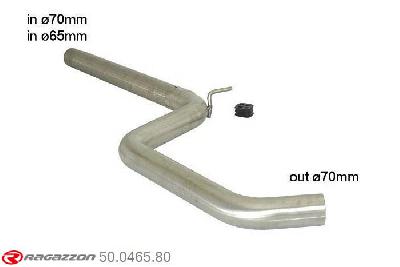 50.0465.80, VW Golf VII 2.0TSI GTi (162/169kW) 2013-, Stainless steel centre pipe group N - Oversized exhaust pipe diameter 70 mmCut of the original centre silencer. For the installation on the original rear silencer is necessary to order a coupling, which is indicated in the catalogue. inner input diameter 70mm with reduction to  65mm pipe outer diameter 70mm outer outlet diameter 70mm