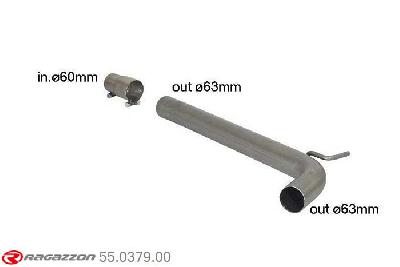 55.0379.00, VW Polo 6R 2.0R WRC Street (162kW) 2013-, Stainless steel centre pipe group N - Oversized exhaust pipe diameter 63,5 mmCut of the original centre silencer towards the rear silencer. The installation on the original rear silencer requires a modification of the original coupling. inner outlet diameter 63,5mm with reduction inner diameter  60mm pipe outer diameter 63,5mm outer outlet diameter 63,5mm