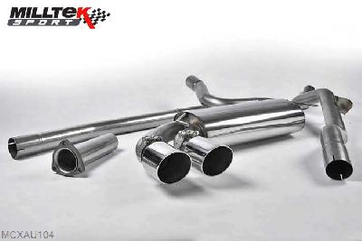 MCXAU104, Audi Coupe UR quattro 10v Turbo 1981-1989 Milltek, Downpipe-back system, Non-resonated (louder). Polished OEM-Style Tips. Requires 4 holes to be drilled into the boot floor to allow fitment of the new Milltek Sport exhaust hangers Twin 90mm GT90 Polished, 2,5 inch, 63,5mm