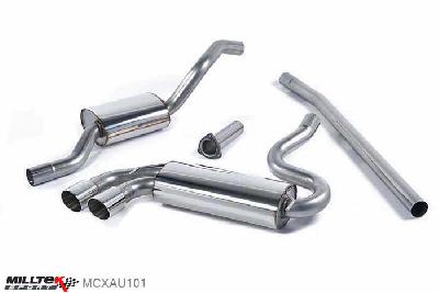 MCXAU101, Audi Coupe UR quattro 10v Turbo 1981-1989 Milltek, Downpipe-back system, Resonated (quieter). Polished OEM-Style Tips. Requires 4 holes to be drilled into the boot floor to allow fitment of the new Milltek Sport exhaust hangers Twin 90mm GT90 Polished, 2,5 inch, 63,5mm