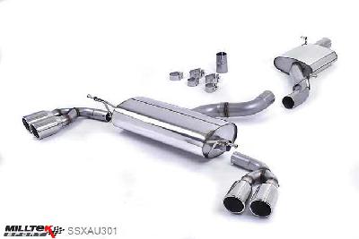 SSXAU301, Audi TT Mk2 3.2 quattro 2006-2010 Milltek, Cat-back system, Quad-outlet. Non-resonated (louder). Standard valance requires cutting (template supplied) Twin 90mm Jet, 2,75 inch, 69,85mm