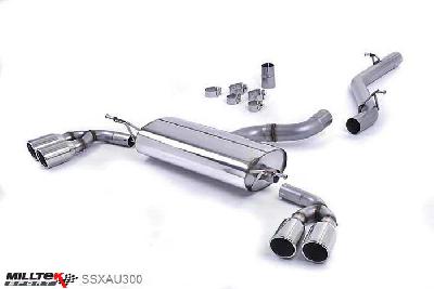 SSXAU300, Audi TT Mk2 3.2 quattro 2006-2010 Milltek, Cat-back system, Quad-outlet. Resonated (quieter). Standard valance requires cutting (template supplied) Twin 90mm Jet, 2,75 inch, 69,85mm