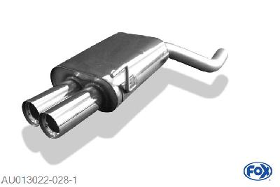 AU013022-028, Audi 80 Typ B4 quattro 2.0l 85/101/103kW 2.3l 98kW 2.6l 110kW 2.8l 128kW, Einddemper met eindstuk 2x76mm  Type 11 63,5mm Buisdiameter Geheel RVS, Absortie demper, mooie diepe sound, Met E-keur