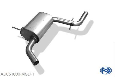 AU051000-MSD, Audi A3 Typ 8P 3-Turer/ Sportback/ Cabrio 1.2l 77kW 1.4l TFSI 92kW 1.6l 75/85kW 2.0l 110kW 1.6l TDI 66/77kW 1.9l TDI 77kW 2.0l TDI 100/103kW, Middendemper 55mm Buisdiameter Geheel RVS, Absortie demper, mooie diepe sound, Met E-keur
