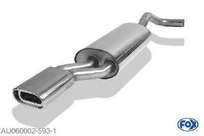 AU060002-593, Audi A4 Typ B5 1.6l 74/75kW 1.8l 92kW 1.8l T 110/132kW 2.4l 121kW 2.6l 110kW 2.8l 128/142kW 2.5l TDI 110kW 1.9l TDI 55/66/81/85kW, Einddemper met eindstuk 135x80mm  Type 53 55mm Buisdiameter Geheel RVS, Absortie demper, mooie diepe sound, Met E-keur