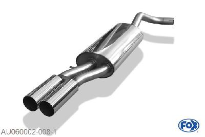 AU060002-008, Audi A4 Typ B5 1.6l 74/75kW 1.8l 92kW 1.8l T 110/132kW 2.4l 121kW 2.6l 110kW 2.8l 128/142kW 2.5l TDI 110kW 1.9l TDI 55/66/81/85kW, Einddemper met eindstuk 2x76mm  Type 10 55mm Buisdiameter Geheel RVS, Absortie demper, mooie diepe sound, Met E-keur