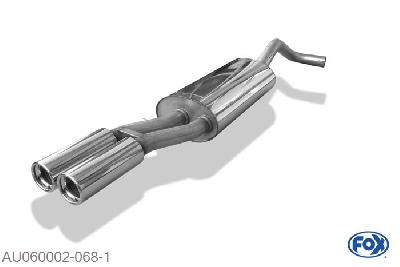 AU060002-068, Audi A4 Typ B5 1.6l 74/75kW 1.8l 92kW 1.8l T 110/132kW 2.4l 121kW 2.6l 110kW 2.8l 128/142kW 2.5l TDI 110kW 1.9l TDI 55/66/81/85kW, Einddemper met eindstuk 2x76mm  Type 13 55mm Buisdiameter Geheel RVS, Absortie demper, mooie diepe sound, Met E-keur