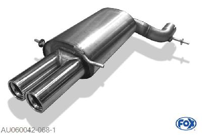 AU060042-068, Audi A4/ S4 Typ B5 quattro 1.8l T 110/132kW 2.4l 120kW 2.6l 110kW 2.7l T 169/195kW 2.8l 128/142kW 1.9l TDI 81/85kW 2.5l TDI 110kW, Einddemper O70mm - 2x76mm  Type 13 70mm Buisdiameter Geheel RVS, Absortie demper, mooie diepe sound, Teilegutachten (eintragungspflichtig)
