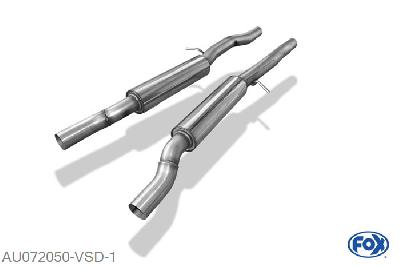 AU072050-VSD, Audi A6 Typ 4F quattro 4,2l 4.2l 246kW, Voordemper rechts/links O63,5mm 63,5mm Buisdiameter Geheel RVS, Absortie demper, mooie diepe sound, Met E-keur