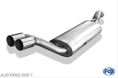 AU010002-008, Audi 80/90 Typ 81/85 1.3l 40/44kW 1.6l 48/51/55/63/81kW 1.8l 66/82kW 1.9l 85kW 2.0l 81/85kW 2.2l 85/100kW 2.3l 100kW, Einddemper met eindstuk 2x76mm  Type 10 63,5mm Buisdiameter Geheel RVS, Absortie demper, mooie diepe sound, Met E-keur