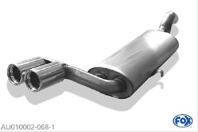 AU010002-068, Audi 80/90 Typ 81/85 1.3l 40/44kW 1.6l 48/51/55/63/81kW 1.8l 66/82kW 1.9l 85kW 2.0l 81/85kW 2.2l 85/100kW 2.3l 100kW, Einddemper met eindstuk 2x76mm  Type 13 63,5mm Buisdiameter Geheel RVS, Absortie demper, mooie diepe sound, Met E-keur