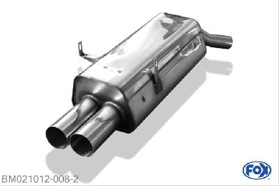 BM021012-008, BMW E36 316/ 318/ 320/ 323/ 325/ 328 1.6l 75kW 1.8l 83/85kW 2.0l 110kW 2.5l 120/125kW 2.5l 141kW 2.8l 142kW, Einddemper met eindstuk 2x76mm  Type 10 55mm Buisdiameter Geheel RVS, Absortie demper, mooie diepe sound, Met E-keur