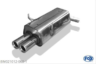 BM021012-068, BMW E36 316/ 318/ 320/ 323/ 325/ 328 1.6l 75kW 1.8l 83/85kW 2.0l 110kW 2.5l 120/125kW 2.5l 141kW 2.8l 142kW, Einddemper met eindstuk 2x76mm  Type 13 55mm Buisdiameter Geheel RVS, Absortie demper, mooie diepe sound, Met E-keur