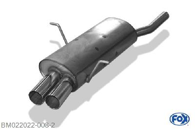 BM022022-008, BMW E46 316/ 318 1.6l 77kW 1.9l 77/85/87kW, Einddemper dubbele buis - 2x76mm  Type 10 50mm Buisdiameter Geheel RVS, Absortie demper, mooie diepe sound, Met E-keur