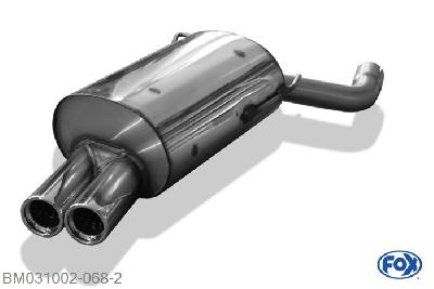 BM031002-068, BMW E39 520i/ 523i/ 525i/ 528i - Limousine 2.0l 100/110kW 2.5l 120/125/141kW 2.8l 142kW, Einddemper met eindstuk 2x76mm  Type 13 Geheel RVS, Absortie demper, mooie diepe sound, Met E-keur