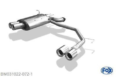 BM031022-072, BMW E39 520i/ 523i/ 525i/ 528i - Limousine 2.0l 100/110kW 2.5l 120/125/141kW 2.8l 142kW, Einddemper met uitgang rechts/links - 2x90mm  Type 13 rechts/links 70/50mm Buisdiameter Geheel RVS, Absortie demper, mooie diepe sound, Met E-keur