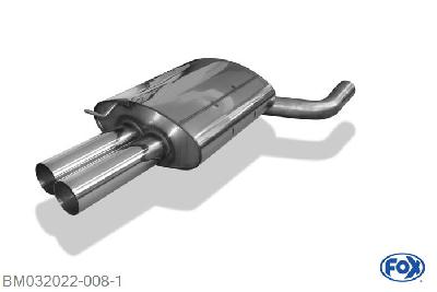 BM032022-008, BMW E60 520i/ 523i/ 525i/ 530i 2.0l 115/120/125kW 2.2l 125kW 2.5l 130/140/141/155/160/170kW 3.0l 160/170/190/200kW, Einddemper met eindstuk 2x76mm  Type 10 70mm Buisdiameter Geheel RVS, Absortie demper, mooie diepe sound, Teilegutachten (eintragungspflichtig)