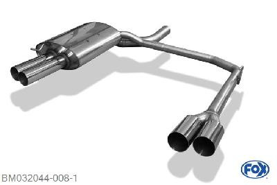 BM032044-008, BMW E60/61 - 520i/ 523i/ 525i/ 530i 2.0l 115/120/125kW 2.2l 125kW 2.5l 130/140/141/155/160/170kW 3.0l 160/170/190/200kW, Einddemper met uitgang rechts/links - 2x76mm  Type 10 rechts/links 70mm Buisdiameter Geheel RVS, Absortie demper, mooie diepe sound, Teilegutachten (eintragungspflichtig)