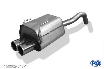 FI150002-048, Fiat 500 1.2l 51kW 1.4l 74kW 1.3l D 55kW, Einddemper met eindstuk 2x76mm  Type 12 50mm Buisdiameter Geheel RVS, Absortie demper, mooie diepe sound, Met E-keur