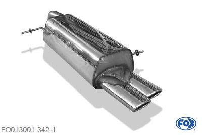 FO013001-342, Ford Fiesta VII/ Fiesta VII Sport - 1,6l 88kW 1.2l 44/60kW 1.4l 71kW 1.6l 88kW, Einddemper met eindstuk 2x86x54mm  Type 32 50mm Buisdiameter Geheel RVS, Absortie demper, mooie diepe sound, Met E-keur